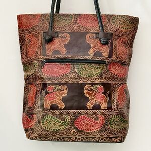Vintage Shantiniketan Indian ELEPHANTS Paisley Leather Shoulder Tote Bag Boho
